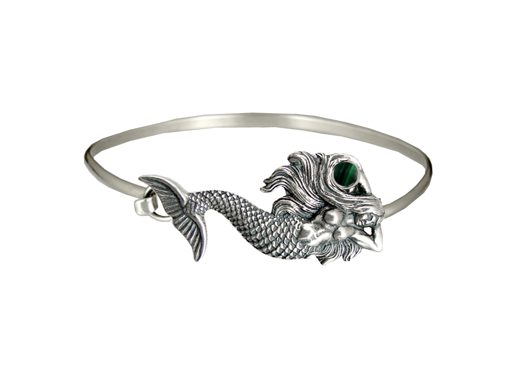 Sterling Silver Mermaid Strap Latch Spring Hook Bangle Bracelet With Malachite